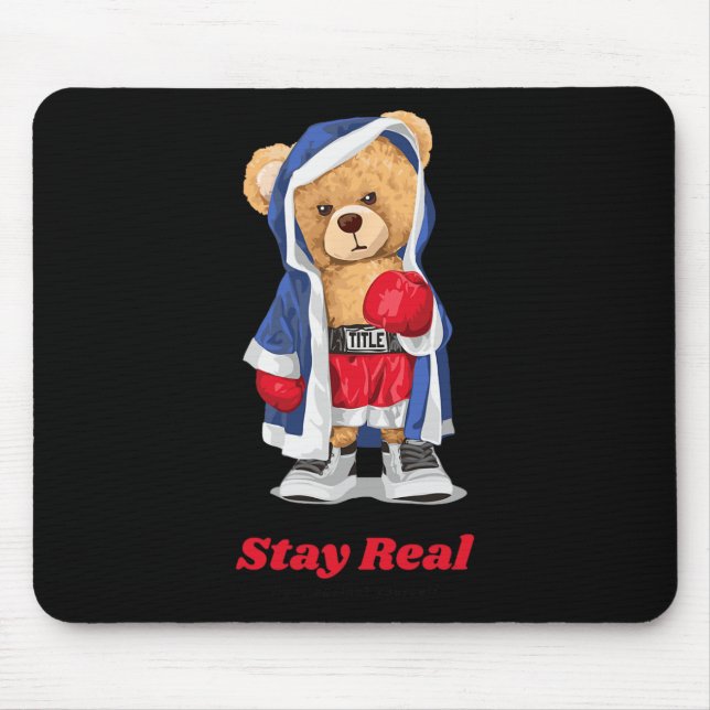 Stay Real Cool Boxing Bear Illustration Graphic De Mouse Mat (Front)
