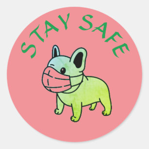 STAY SAFE CARTOON BULLDOG WITH FACE MASK STICKER