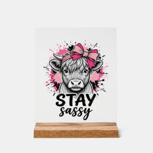 Stay Sassy Pink Highland Cow Vintage Engraving Shi Acrylic Sign