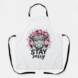 Stay Sassy Pink Highland Cow Vintage Engraving Shi Apron