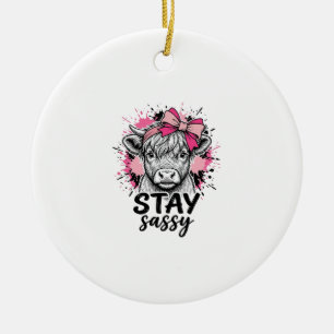 Stay Sassy Pink Highland Cow Vintage Engraving Shi Ceramic Tree Decoration