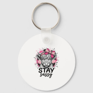 Stay Sassy Pink Highland Cow Vintage Engraving Shi Key Ring