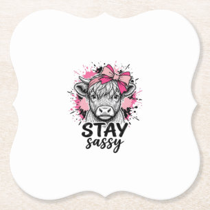 Stay Sassy Pink Highland Cow Vintage Engraving Shi Paper Coaster