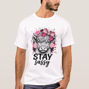 Stay Sassy Pink Highland Cow Vintage Engraving Shi T-Shirt