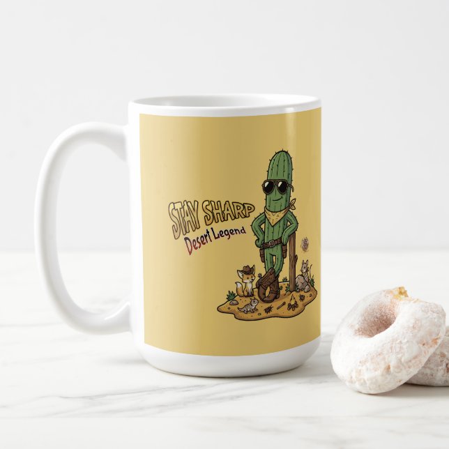 Stay Sharp Desert Legend Cowboy Cactus Illustratio Coffee Mug (With Donut)