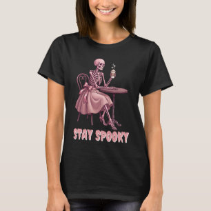 Stay Spooky Coquette Coffee Pink Skeleton Girl T-Shirt