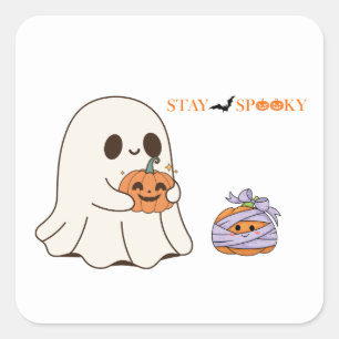 Stay Spooky Cute Ghost & Pumpkin Halloween Party D Square Sticker