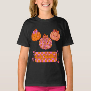 Stay Spooky Disco Pumpkin Bow Chequered Daisy Fun  T-Shirt