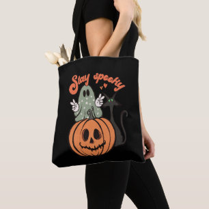 Stay Spooky Ghost Black Cat Black Halloween Tote Bag
