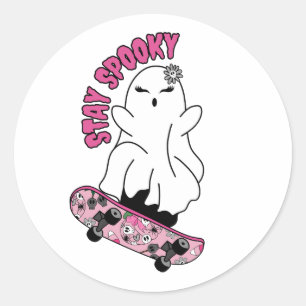 "Stay Spooky" Ghost on a Skateboard – Cool Pink Classic Round Sticker