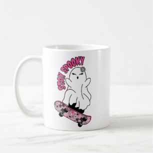 "Stay Spooky" Ghost on a Skateboard – Cool Pink Coffee Mug