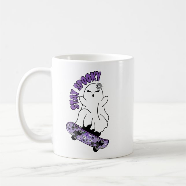 "Stay Spooky" Ghost on a Skateboard – Cool Purple Coffee Mug (Left)