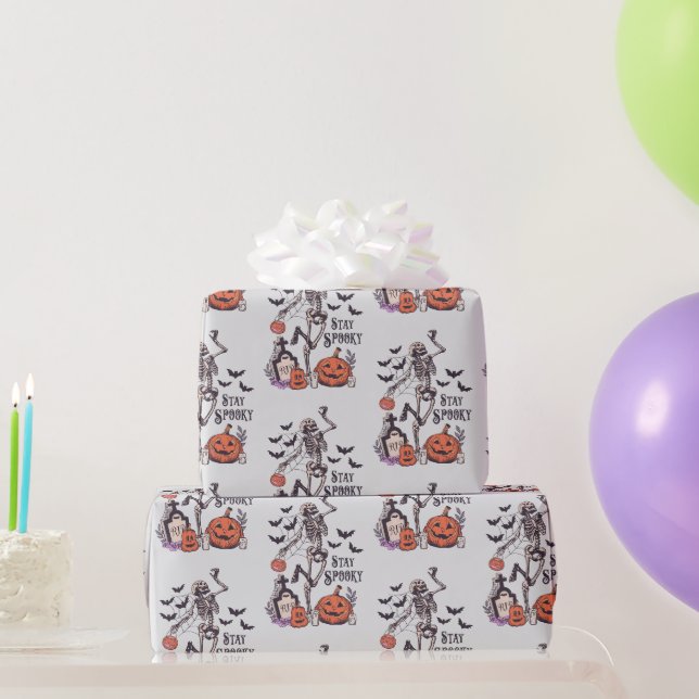 Stay Spooky Graveyard Skeleton Grey Halloween Wrapping Paper (Party Gifts)