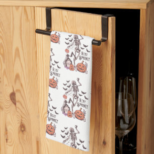Stay Spooky Graveyard Skeleton White Halloween Tea Towel