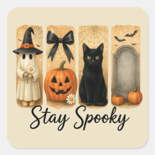 "Stay Spooky" Halloween Brush Stroke Cat Square Sticker