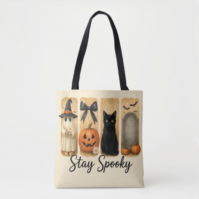 "Stay Spooky" Halloween Brush Stroke Cat Women's Tote Bag (Front)