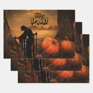 Stay Spooky Halloween Night Old Witch, Pumpkins  Wrapping Paper Sheet