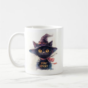 Stay Spooky - Watercolor Black Cat in Witch Hat Coffee Mug