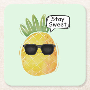 Stay Sweet Pineapple Cartoon Fun Square Paper Coaster
