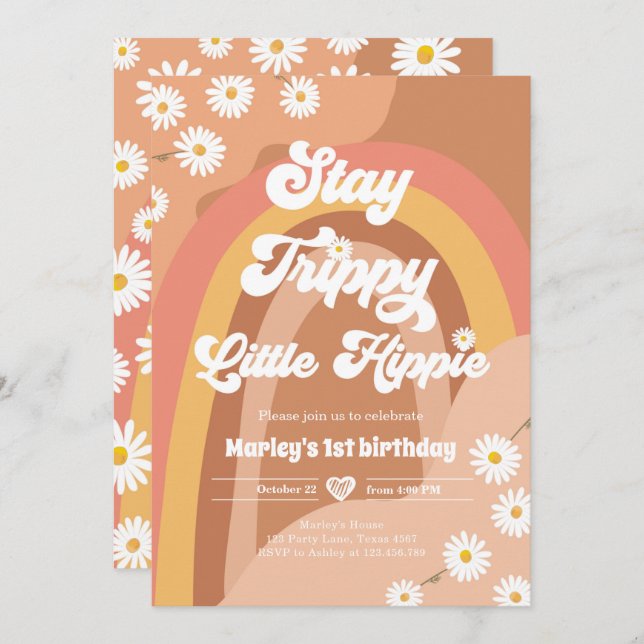 Stay Trippy Little Hippie Retro Daisy Birthday Invitation (Front/Back)