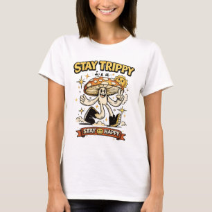 Stay Trippy Stay Happy Groovy Mushroom Peace Sign T-Shirt