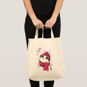 Stay Warm Cute Cat with Winter Beanie & Scarf Tote Bag
