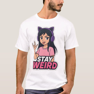 "Stay Weird – Anime Girl with Cat Headphones T-Shi T-Shirt