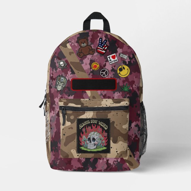 Stay Weird" - Camouflage Mix Printed Backpack (Front)
