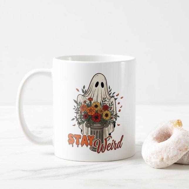 Stay Weird - Floral Halloween Ghost Coffee Mug (With Donut)