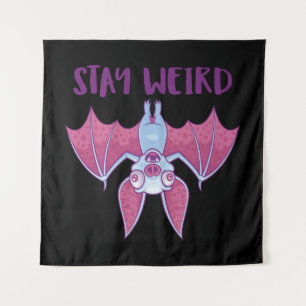 Stay Weird Quirky Albino Vampire Bat Cartoon Tapestry