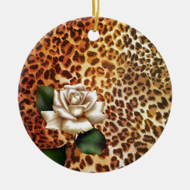 Stay Wild Animal print leopard white rose Ceramic Tree Decoration (Front)