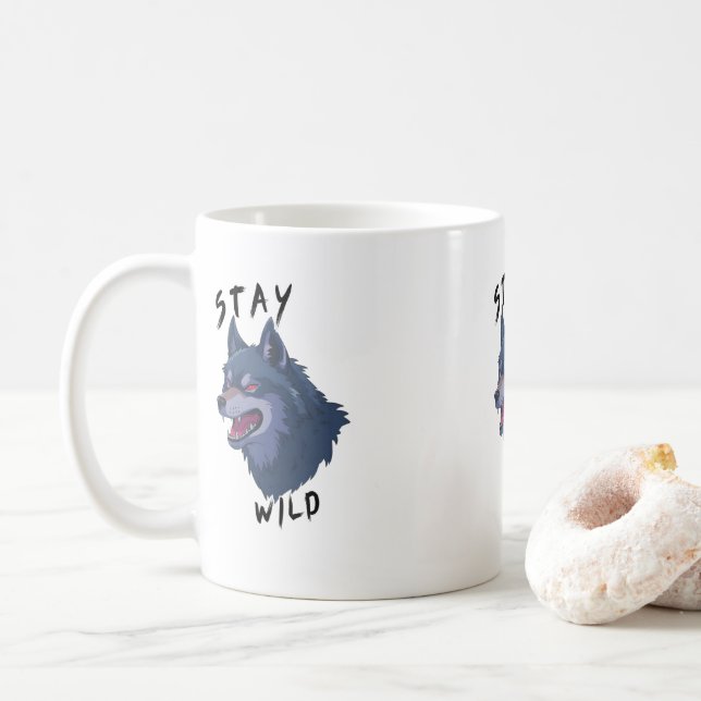 Stay Wild Bold Wolf Spirit Coffee Mug (With Donut)