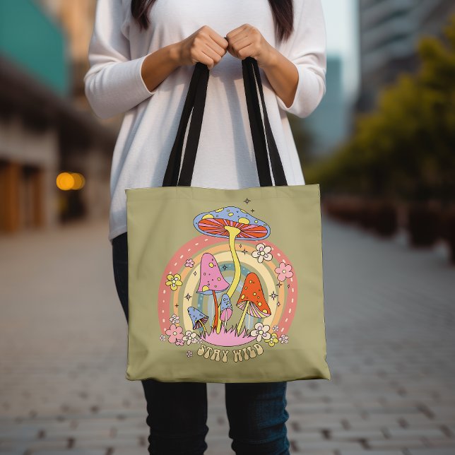 Stay Wild Colourful Mushroom Retro Groovy Tote Bag (Creator Uploaded)