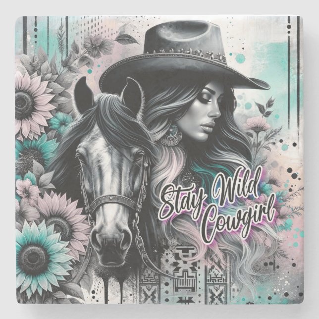 Stay wild cowgirl western  stone coaster (Front)