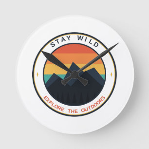Stay Wild Explore The Outdoors Retro Mountain Suns Round Clock