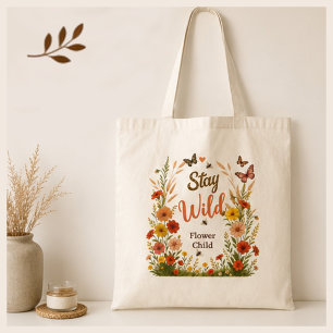 Stay Wild Flower Child Boho Floral Canvas Tote Bag