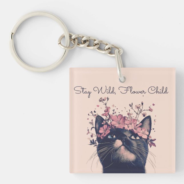 Stay Wild, Flower Child Cat Floral Boho Key Ring (Front)