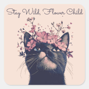 Stay Wild, Flower Child Cat Floral Boho Square Sticker