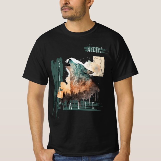 "Stay Wild" Howling Wolf Customisable   T-Shirt (Front)