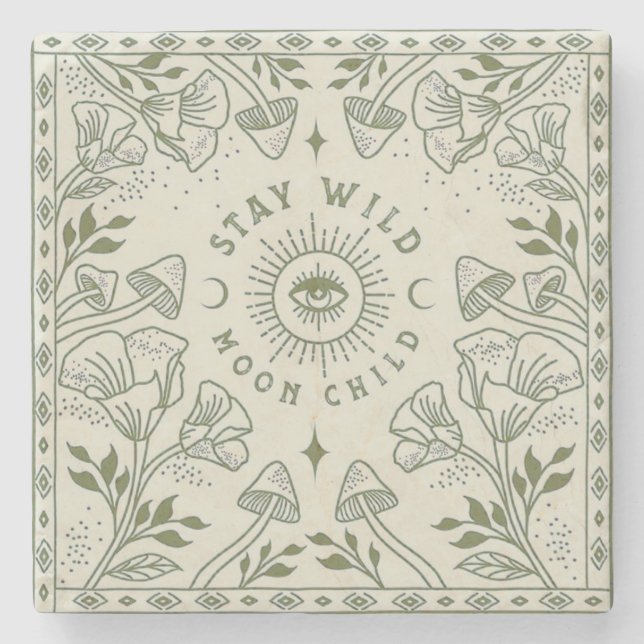 Stay Wild Moon Child Bohemian Sage Green Pillow Stone Coaster (Front)