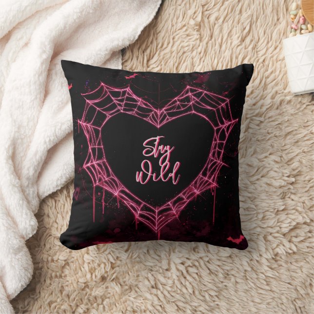“Stay Wild” Pink Neon Heart Web Custom Name Cushion (Blanket)