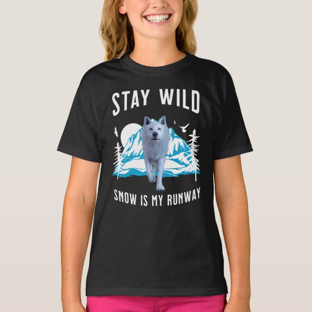 Stay Wild Snow Is My Runway Wolf Art T-Shirt (Front)