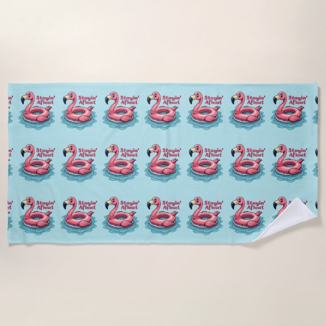 Stayin’ Afloat Funny Flamingo Pool Float Retro Beach Towel (Front)