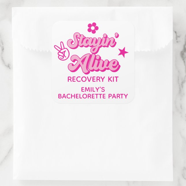 Staying Alive Bachelorette Recovery Kit Square Sticker (Bag)
