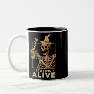 Staying Alive Funny Skeleton Drinking Coffee Happy Two-Tone Coffee Mug