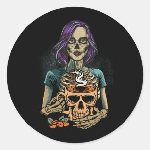 Staying Alive Skeleton Drinking Coffee Lover Hallo Classic Round Sticker