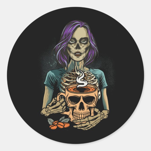 Staying Alive Skeleton Drinking Coffee Lover Hallo Classic Round Sticker (Front)