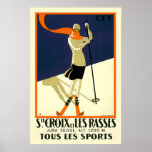 "Ste Croix et Les Rasses" Swiss Vintage Travel Poster<br><div class="desc">A beautiful vintage travel poster issued by the Swiss Federal Railways advertising the ski resorts of Sainte Croix and Les Rasses. It is in an art deco style and shows a beautifully dressed young woman wearing skis.</div>
