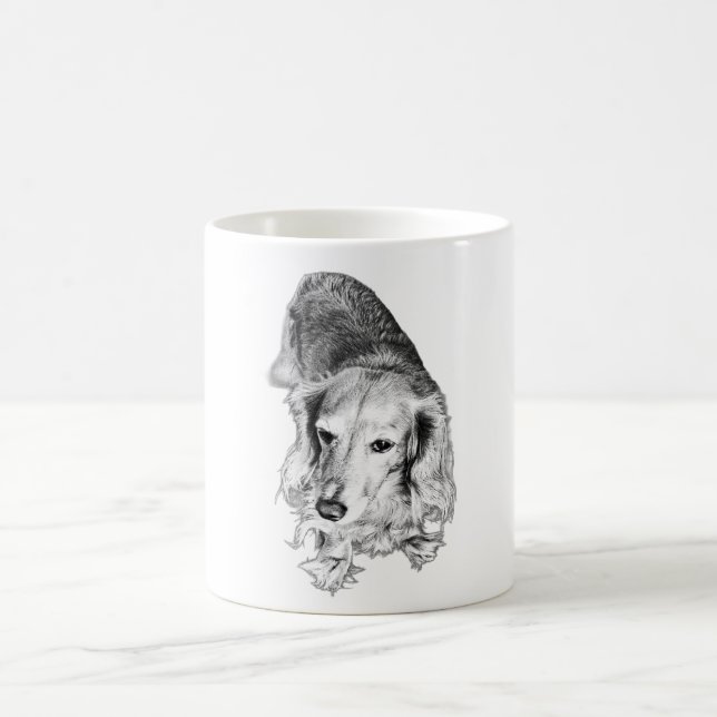 Steady Gaze, Slow Sips – Long-Haired Dachshund Coffee Mug (Center)