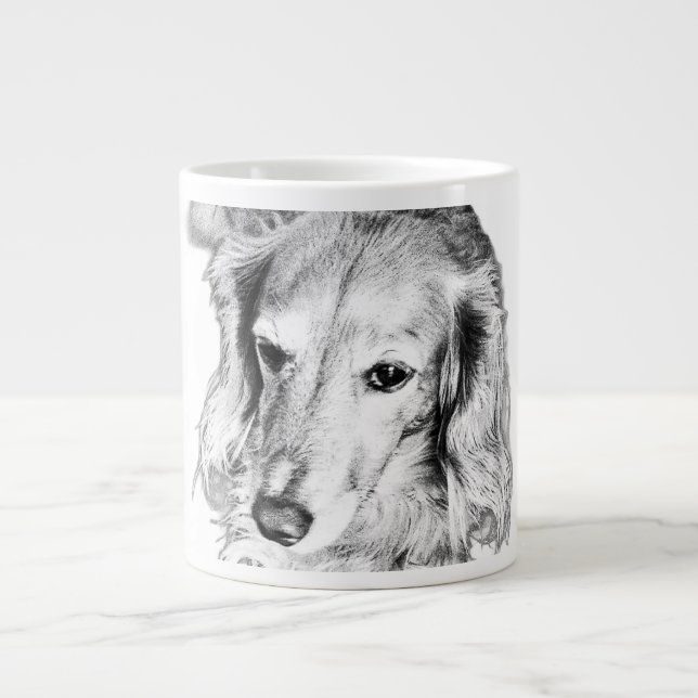 Steady Gaze, Slow Sips – Long-Haired Dachshund Large Coffee Mug (Front)